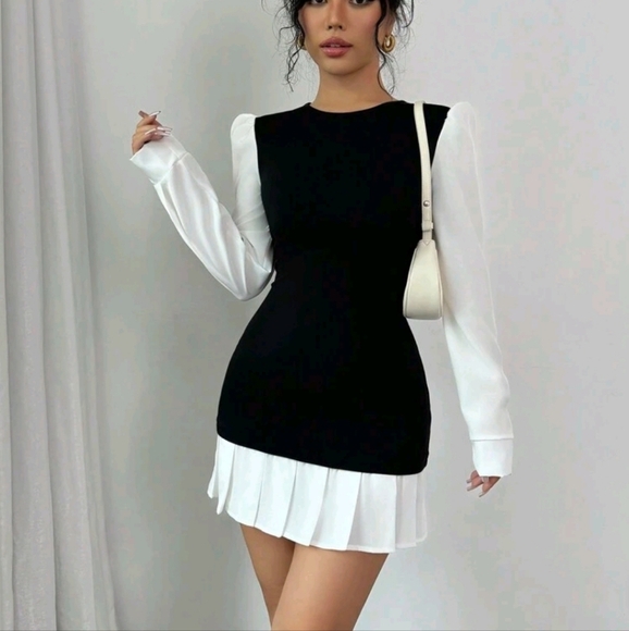 Autumn Winter Fitted Short Round Neck Pleated Dress - Picture 3 of 4